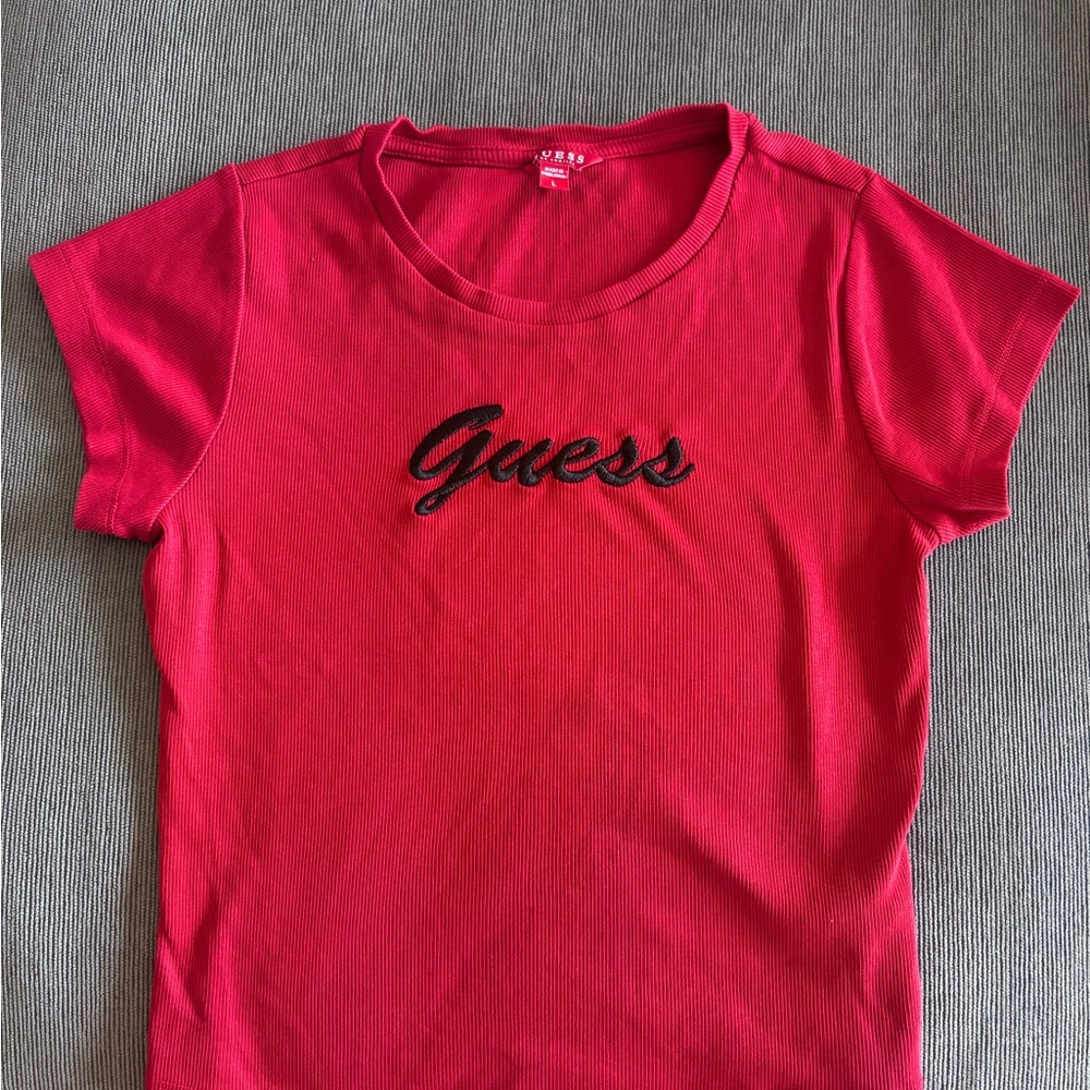 Guess Ribbed Cropped Tee Embroidered Logo